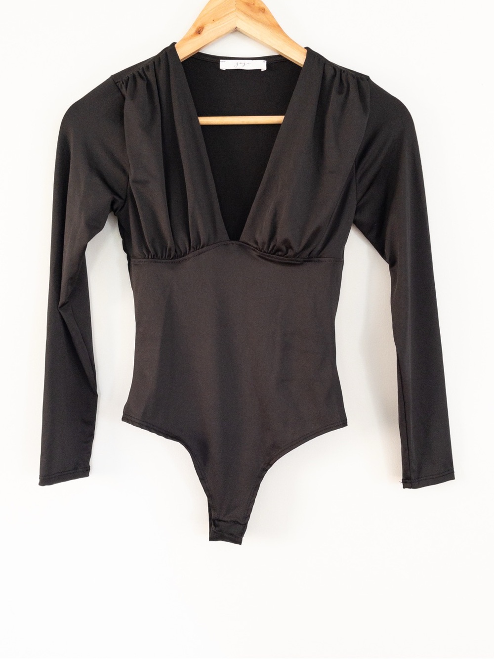 Gaze Black Long Sleeve Plunge V Neck Bodysuit Extra Small